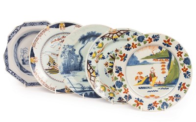 Lot 33 - Five English Delftware plates, circa 1760-80,...