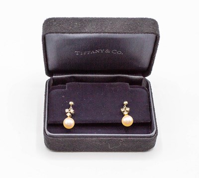 Lot 230 - A pair of diamond and cultured pearl drop...