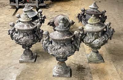Lot 613 - A set of six lead urns, by H Crowther & Sons,...