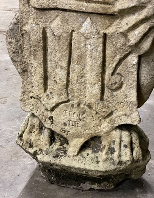 Lot 617 - Three carved stone figures of lions, each...