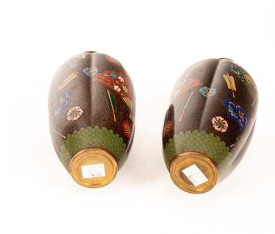 Lot 70 - Pair Japanese cloisonne vases, brown ground...