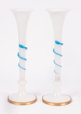 Lot 225 - A pair of French white opaline glass flared...