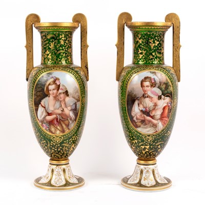 Lot 328 - A pair of green and gold Bohemian glass...