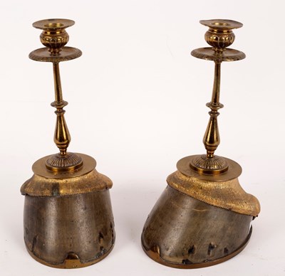 Lot 491 - A pair of taxidermy horse hoof candlesticks,...