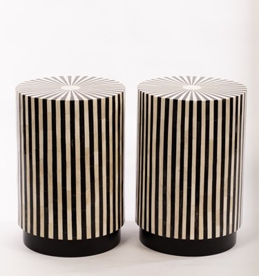 Lot 76 - A pair of inlaid, black and white painted wood...