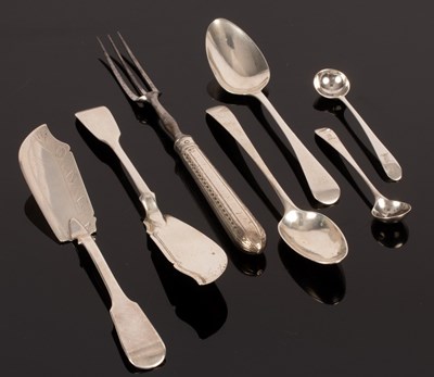 Lot 32 - Two fiddle pattern silver butter knives, two...