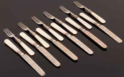 Lot 42 - Six pairs of engraved silver dessert knives...
