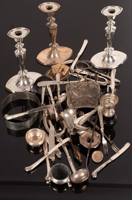 Lot 92 - Three silver candlesticks, a silver cruet...