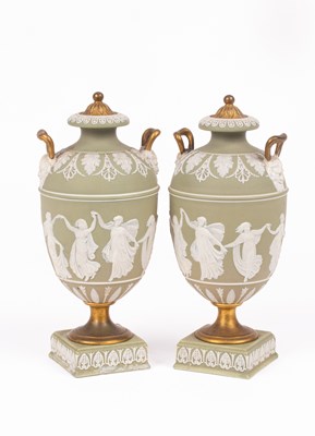 Lot 249 - A pair of Wedgwood green jasper vases