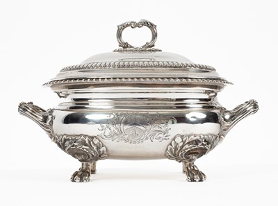 Lot 15 - A pair of George III two-handled silver sauce tureens and covers