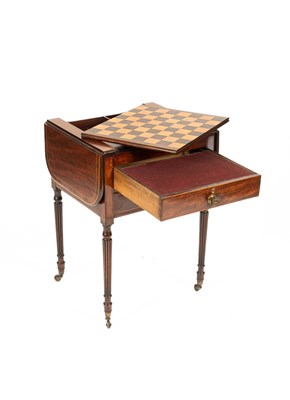 Lot 19 - A Regency rosewood banded ebony and boxwood strung games Pembroke table