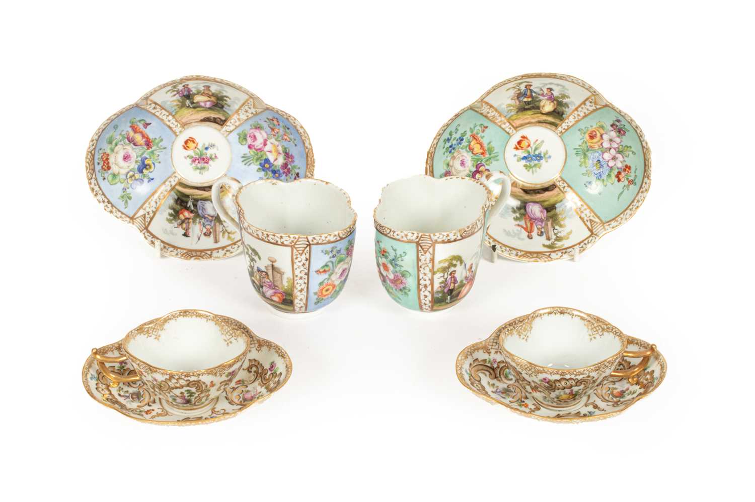 Lot 42 - Two pairs of Meissen (outside decorated) quatrefoil cups and saucers