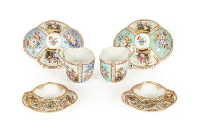 Lot 42 - Two pairs of Meissen (outside decorated) quatrefoil cups and saucers