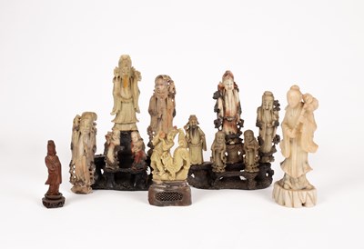 Lot 32 - Two Chinese carved soapstone Fu Lu Shou figure groups