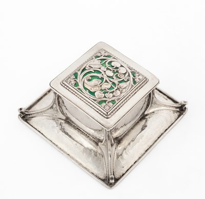 Lot 60 - An Arts & Crafts silver and green enamel inkstand