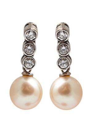 Lot 185 - A pair of pearl and diamond drop earrings