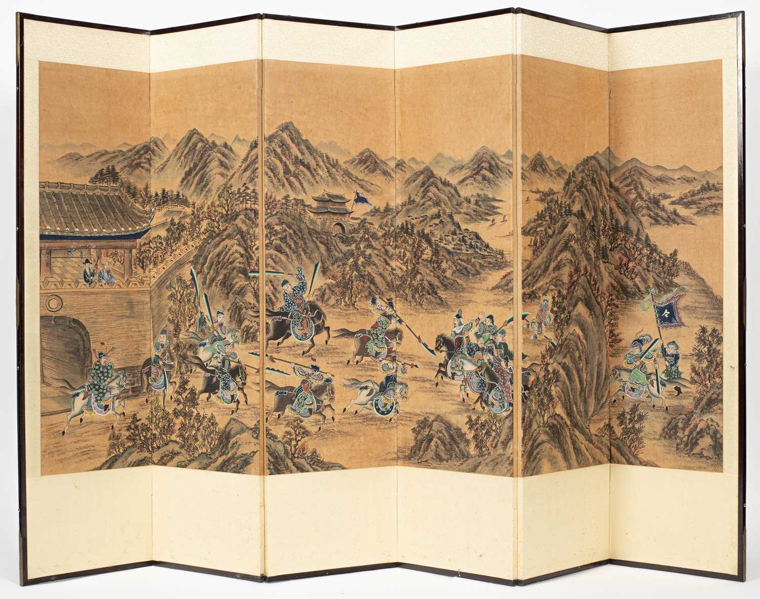 Lot 352 - A Korean six-fold painted screen