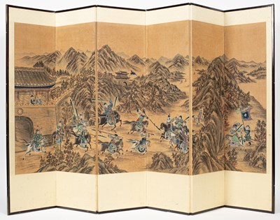 Lot 606 - A Korean six-fold painted screen