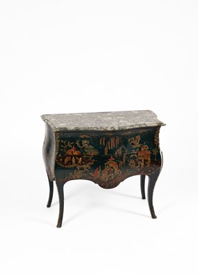 Lot 305 - A Louis XV style blue lacquer Chinoiserie decorated bombe commode