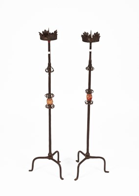 Lot 470 - A pair of wrought iron pricket candlesticks