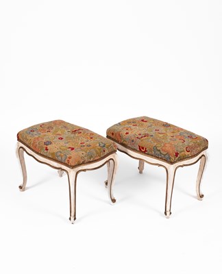 Lot 312 - A pair of Italian white and gilt painted stools