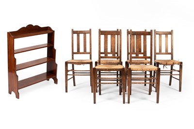 Lot 338 - A set of six oak and rush seat slat back chairs