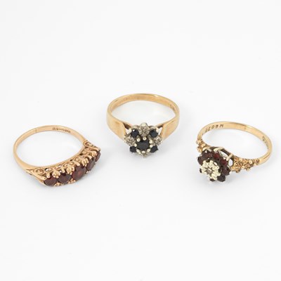 Lot 147 - Three 9ct yellow gold gem-set rings