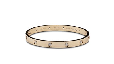 Lot 130 - A Cartier 18k rose gold and diamond love bracelet