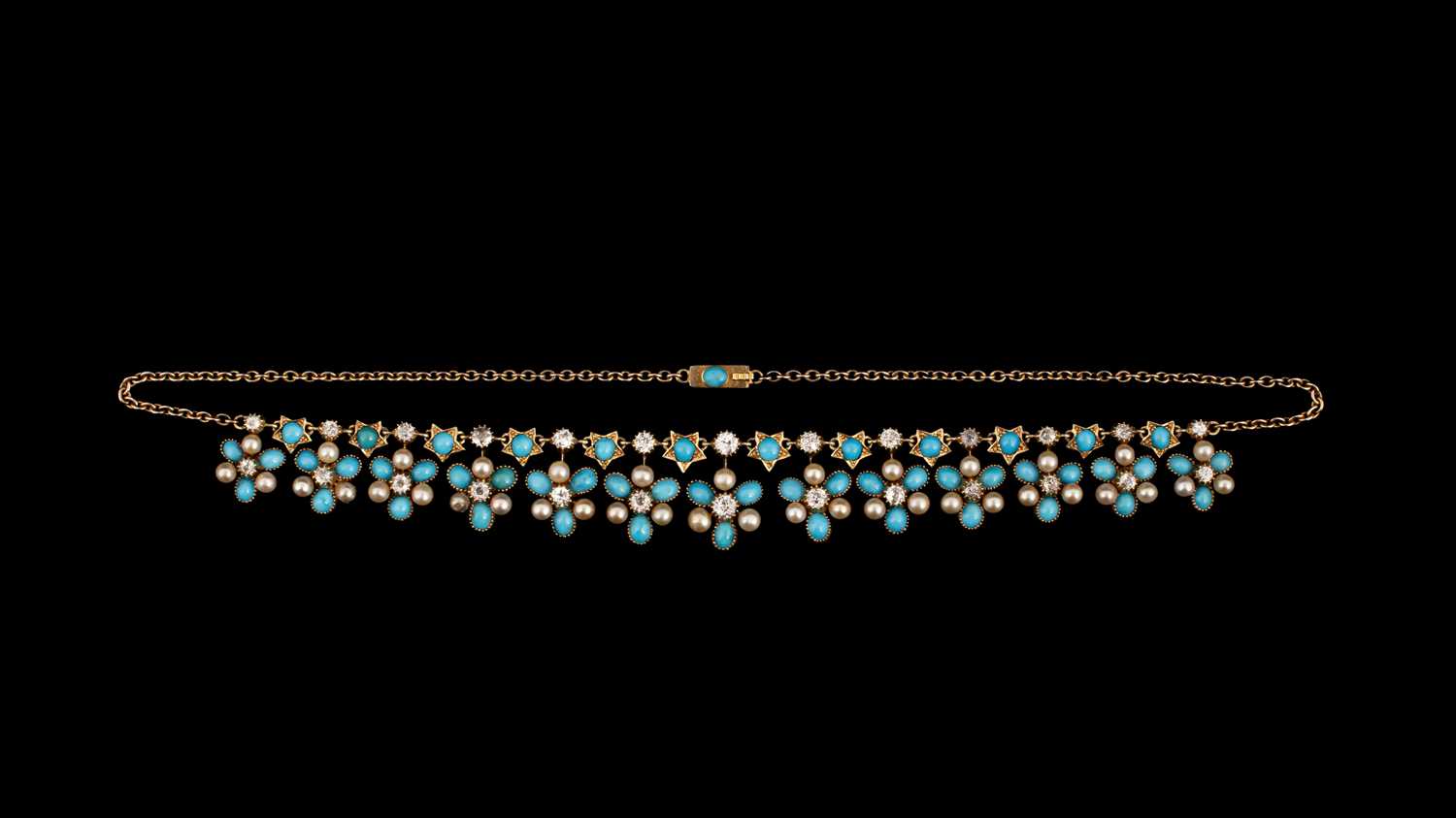 Lot 113 - An Edwardian yellow metal, diamond, turquoise and pearl fringe necklace