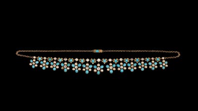 Lot 113 - An Edwardian yellow metal, diamond, turquoise and pearl fringe necklace