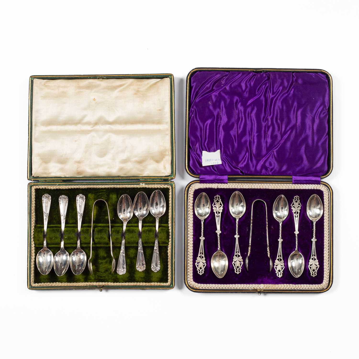 Lot 18 - Two cased sets of silver teaspoons and sugar nips