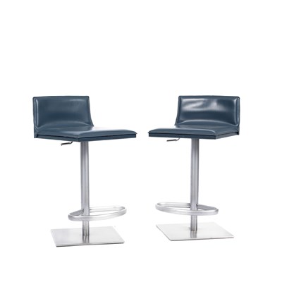Lot 146 - Two Bottega Piston blue leather upholstered bar stools