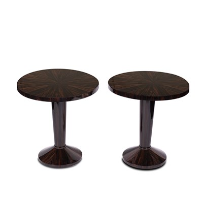 Lot 150 - Davidson London, a pair of Art Deco style Amara veneered circular side tables