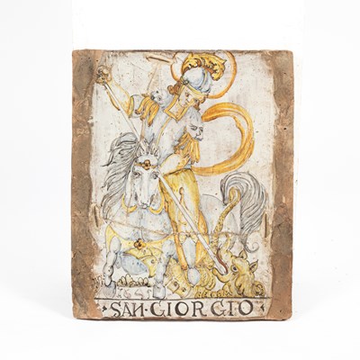 Lot 1211 - An Italian maiolica plaque depicting St George and the Dragon