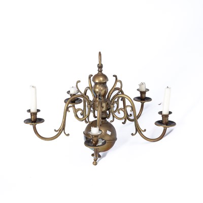 Lot 940 - A Dutch style brass five-light chandelier