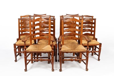 Lot 796 - A set of ten yew wood dining chairs, with ladder backs and rush seats (8+2)