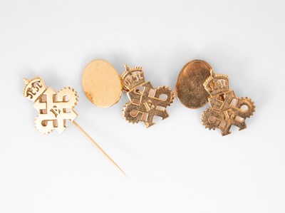 Lot 157 - A pair of yellow metal cufflinks and a stick pin