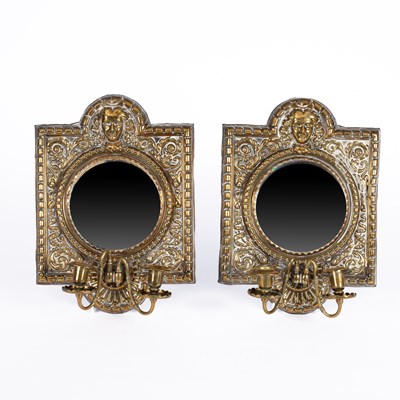 Lot 852 - A pair of brass girandole wall mirrors