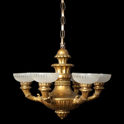 Lot 942 - A brass plated six-light chandelier in the Empire style