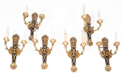 Lot 880 - A set of six Neoclassical style two-branch wall lights