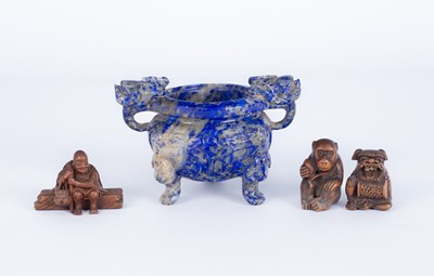 Lot 563 - A Chinese lapis lazuli tripod censer