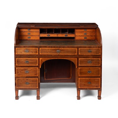 Lot 370 - A George III style mahogany and satinwood banded roll top desk