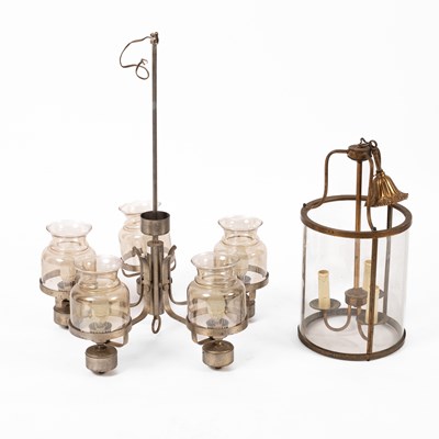 Lot 259 - A brushed stainless steel five light chandelier