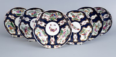 Lot 795 - Six Worcester 'fancy bird' blue scale ground saucer-dishes