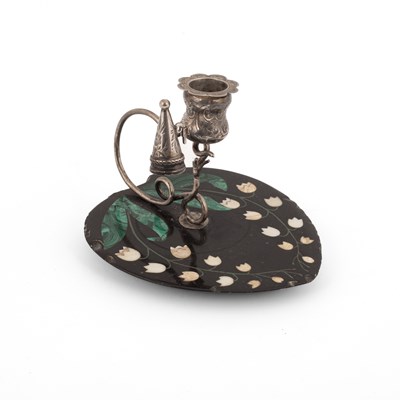 Lot 286 - A Derbyshire pietra dura and white metal chamber candlestick