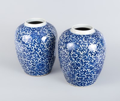 Lot 605 - A pair of blue and white Kangxi style lotus jars
