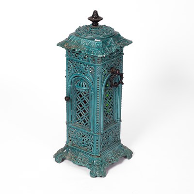 Lot 275 - A Victorian cast iron and turquoise enamelled Veritas style floor-standing stove