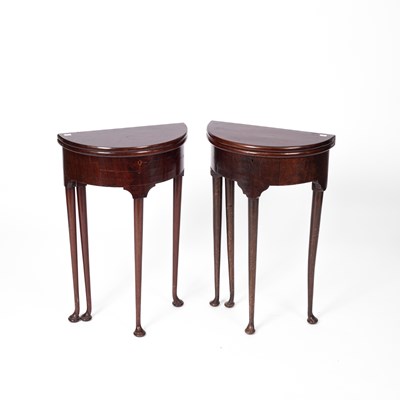 Lot 435 - A near pair of small George II style demi-lune drop leaf tables