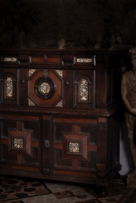 Lot 654 - A Commonwealth oak, ebonised and inlaid enclosed chest of drawers