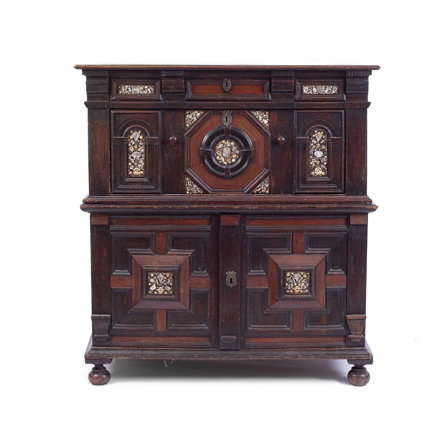 Lot 654 - A Commonwealth oak, ebonised and inlaid enclosed chest of drawers